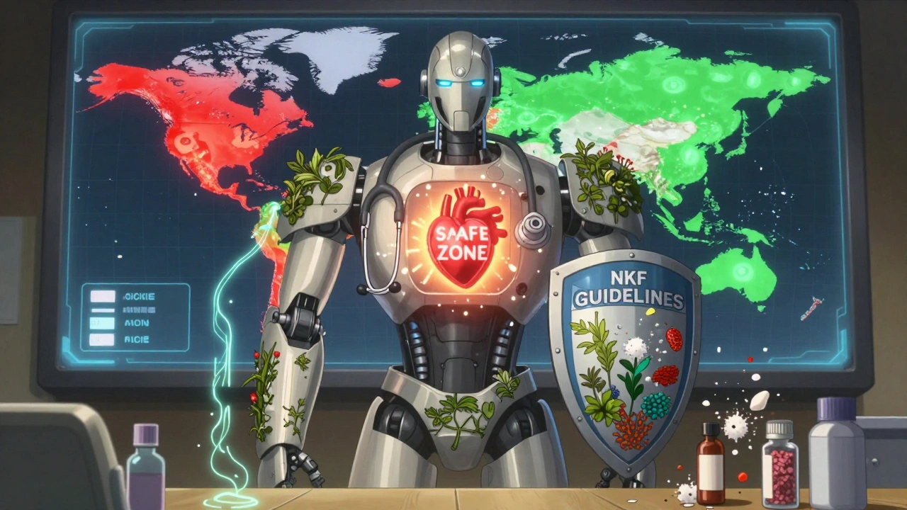 A robot doctor guards a patient’s blood test as a global map shows hyperkalemia hotspots, with herbs replacing dangerous salt substitutes.