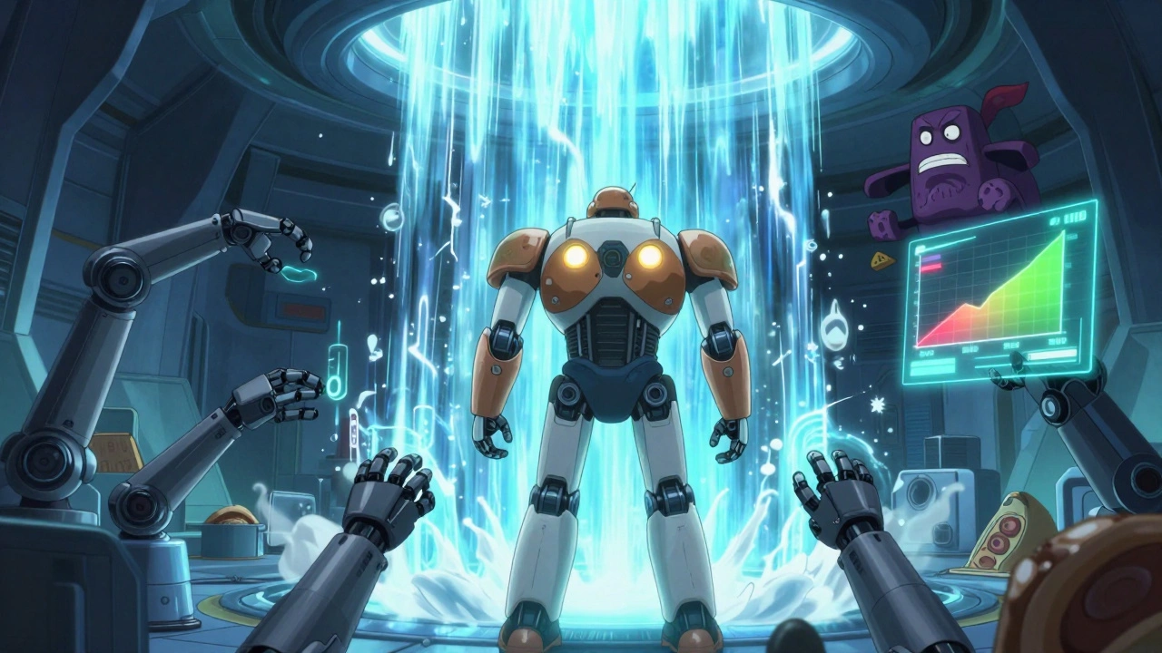 A robot gains energy from cold exposure and rising calories in a futuristic training chamber.