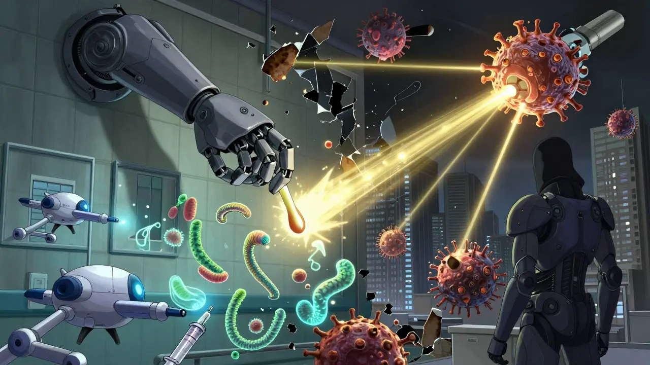 A robotic arm extracts a parasite-filled stool sample from a hidden dimension while viral signatures hover in the air.