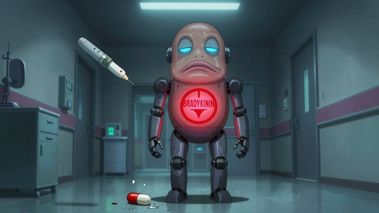 A robotic figure with blue-swollen lips and a bradykinin symbol glowing under its skin, beside a broken antihistamine pill.