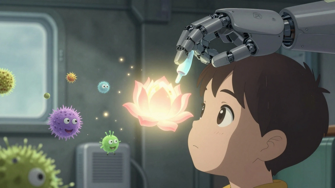 A robotic hand applies a protective lotus-shaped force field over a child’s eye.