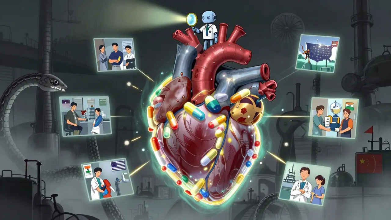 A robotic heart made of generic pills pulses as inspectors fight supply chain serpents.