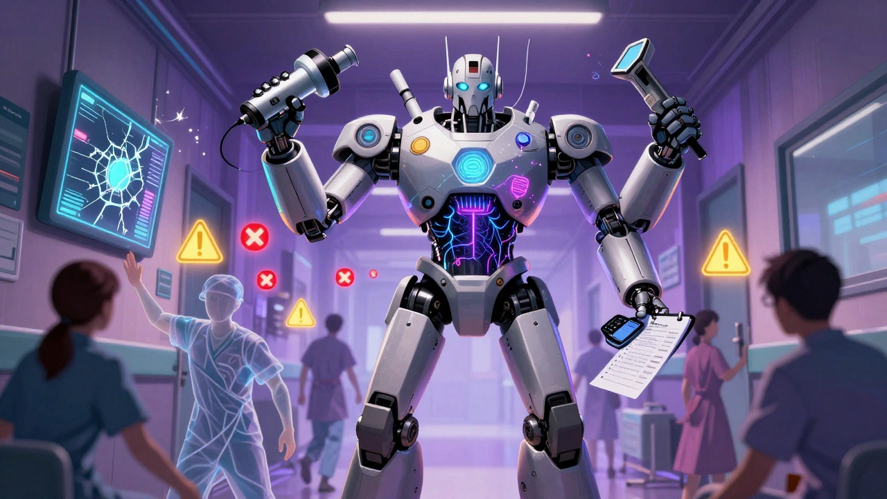 A robotic pharmacist with four arms fixes medication errors in a chaotic hospital hallway filled with glowing warning symbols.