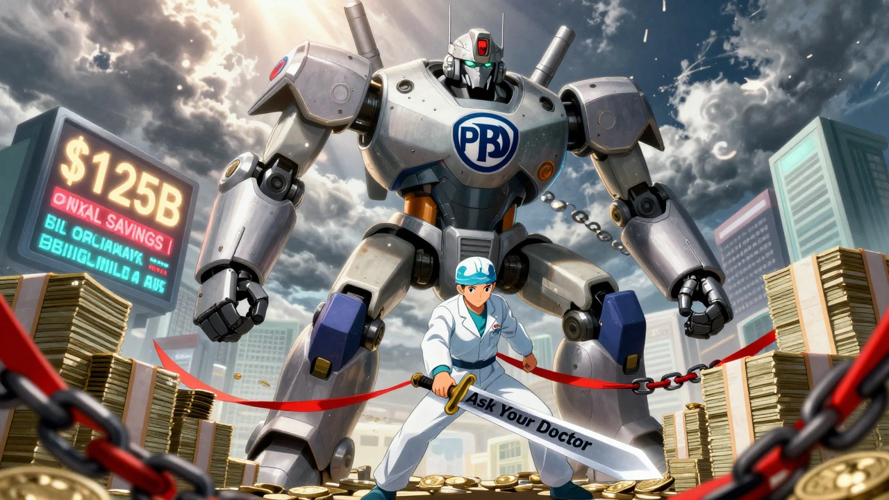 A robotic pharmacy hoards money as a patient cuts through insurance chains with a sword labeled &#039;Ask Your Doctor&#039;.