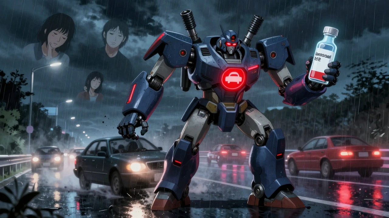 A robotic warrior blocking a car crash on a rainy highway, holding a medicine vial with warning lights.