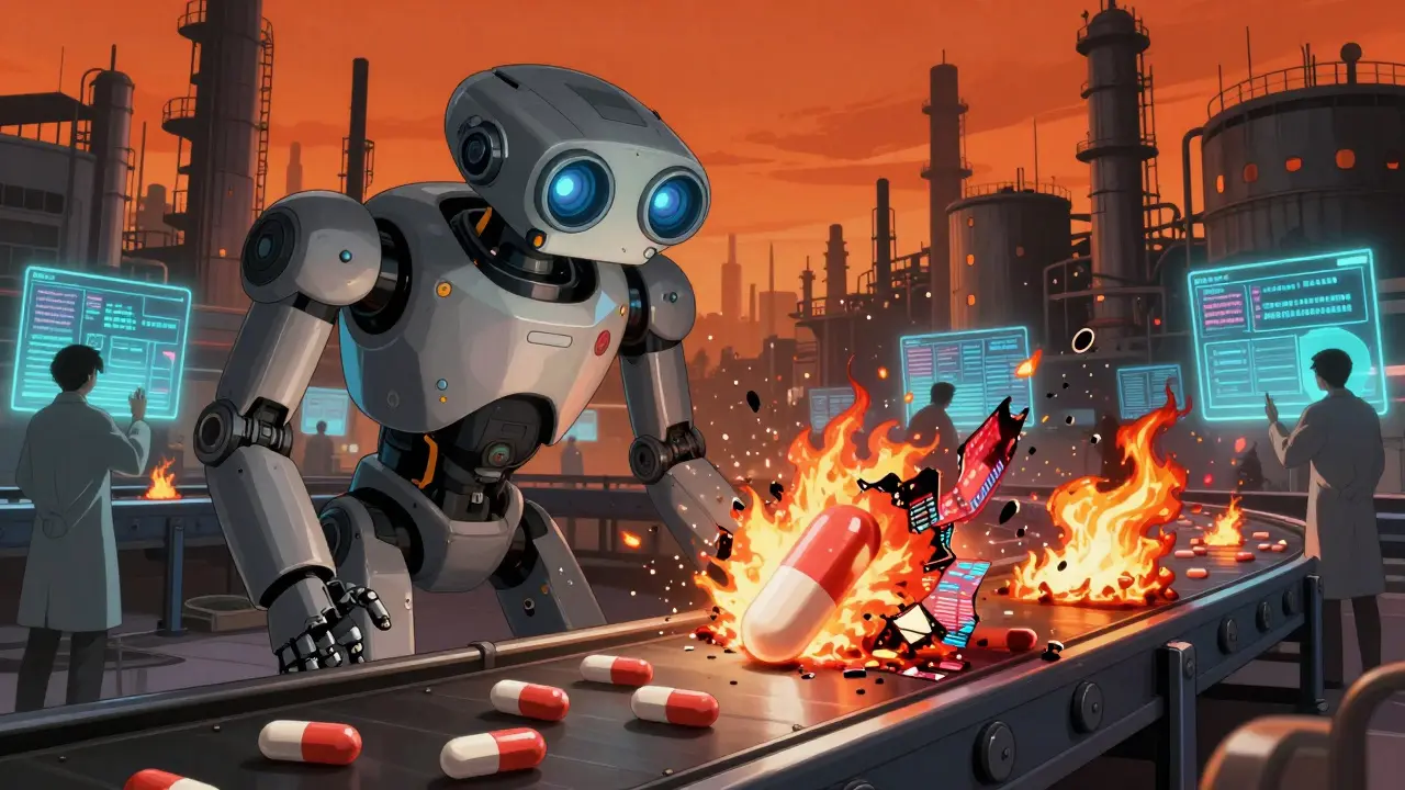 A scanning robot watches pills explode into toxic clouds while audit logs burn in digital flames.