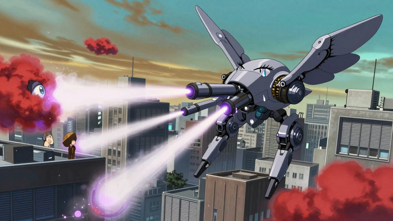 A tear-drop drone fires calming mist to reduce redness in a pollen-filled city.