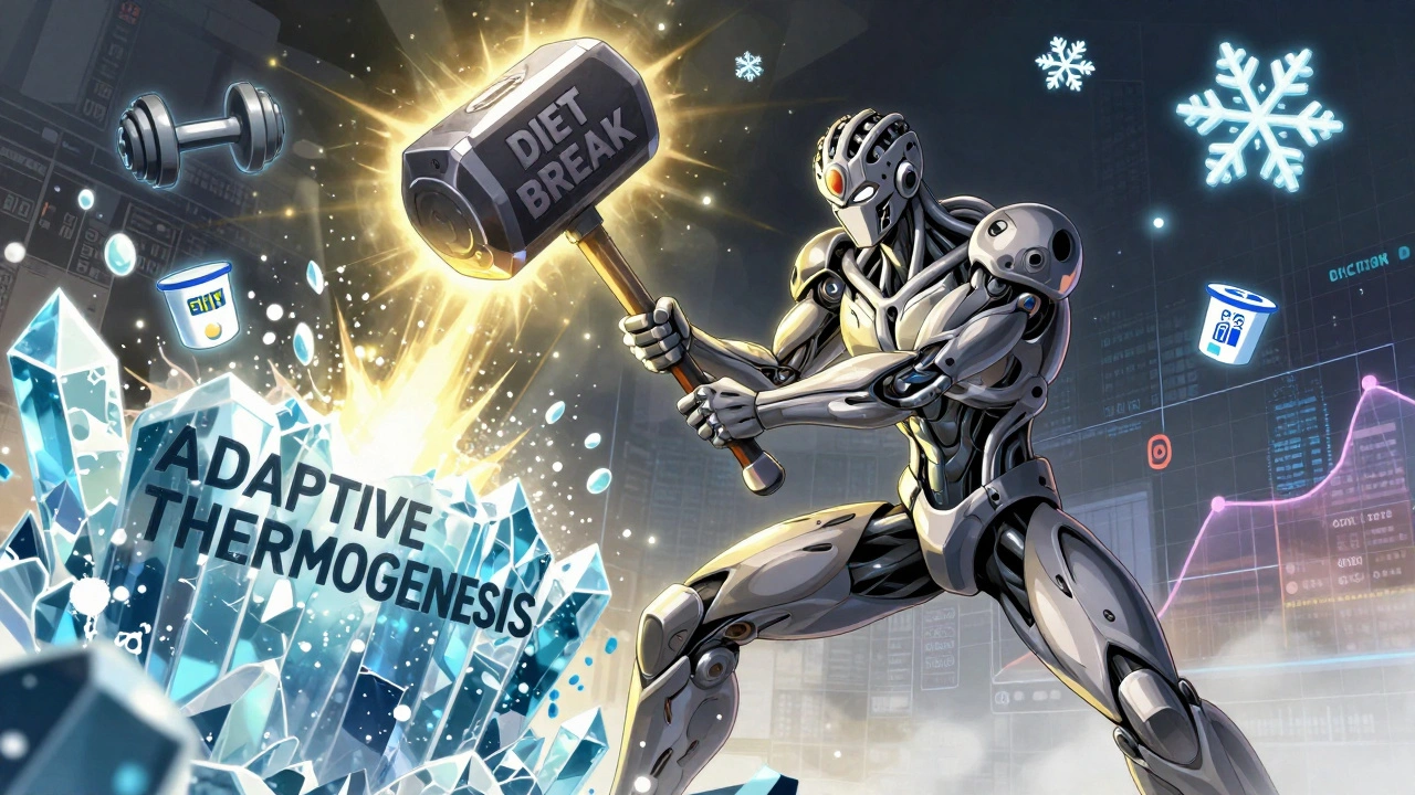 A warrior smashes through a metabolic barrier with a diet break hammer, surrounded by protein and exercise icons.