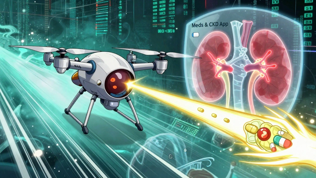 An AI drone protects kidneys from toxic drugs in a glowing bloodstream, with a shield labeled &#039;Meds &amp; CKD App&#039;.
