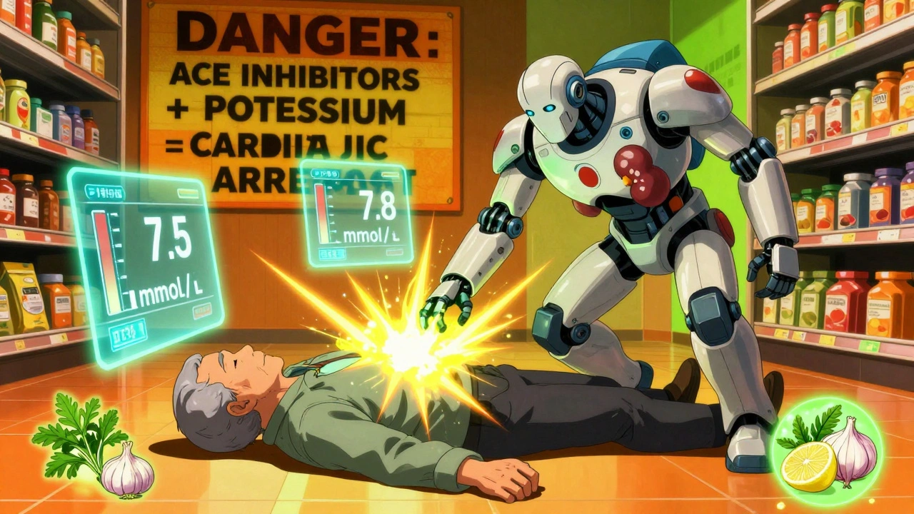 An elderly person collapses in a grocery store as holographic potassium levels spike, with robotic armor shielding them from danger.