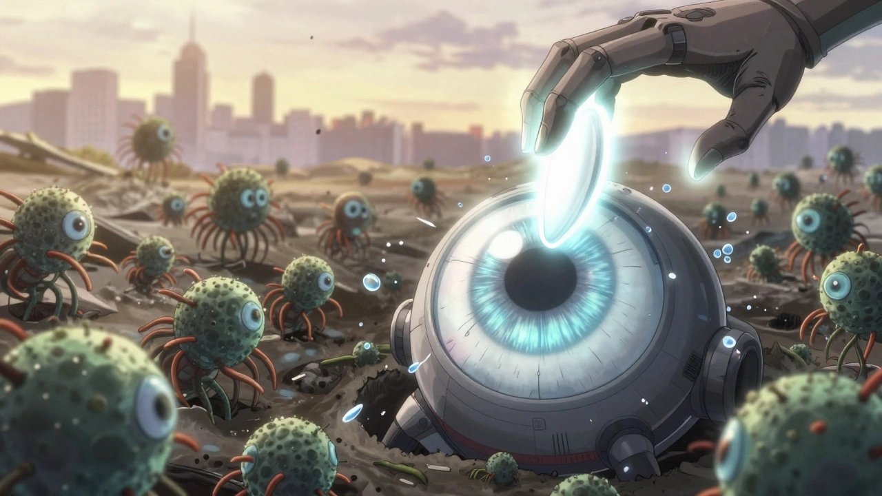 Armored cornea defended by a glowing hand dropping a daily disposable lens like a missile