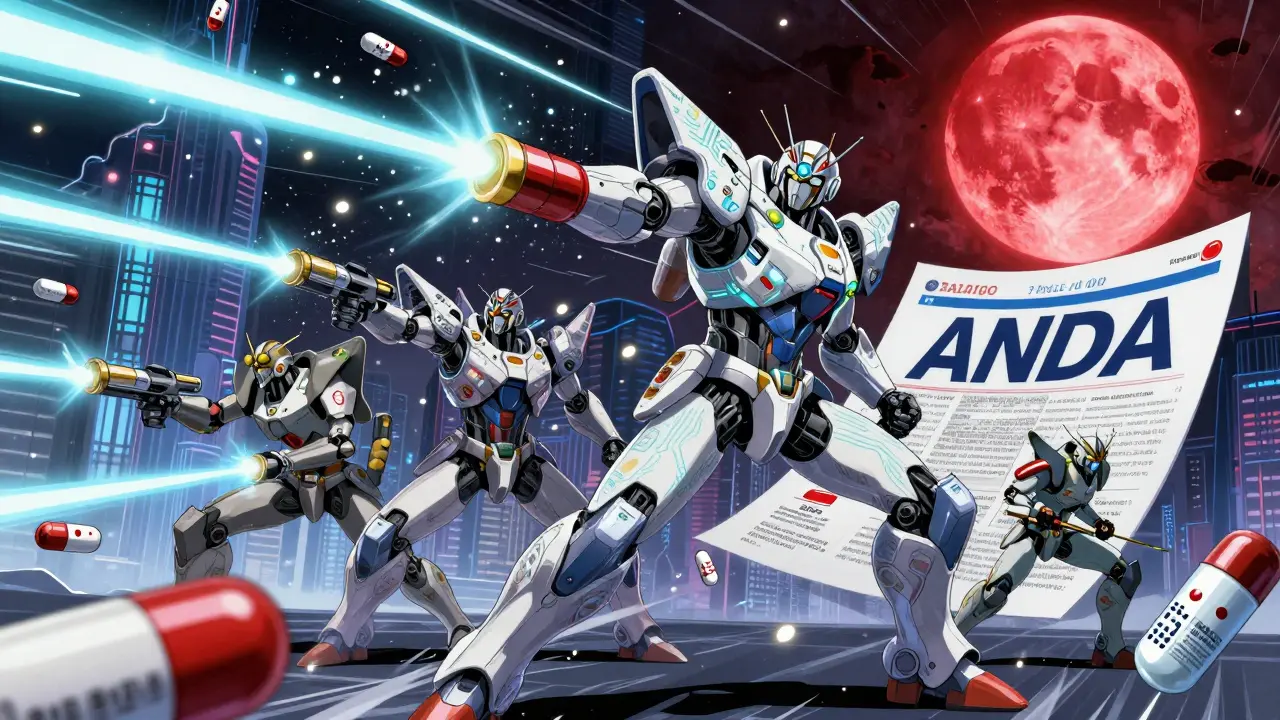 Armored warriors battle expired drug logos with bioequivalence beams, ANDA banner flying high.