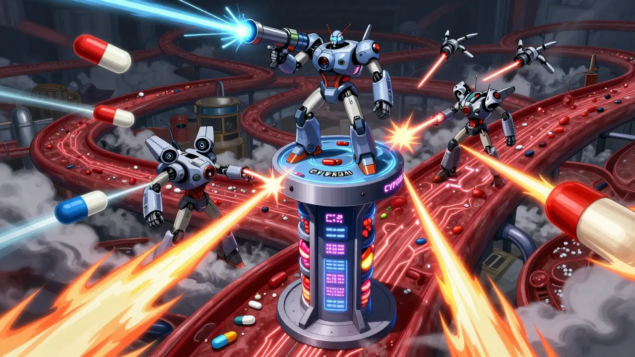 Battle in the bloodstream: ritonavir robots freeze enzymes while accelerating others, drugs exploding around them.