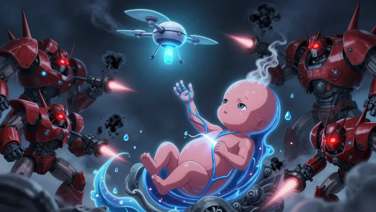 Fetal robot receiving calming pulse from acetaminophen drone while NSAID war machines threaten nearby.