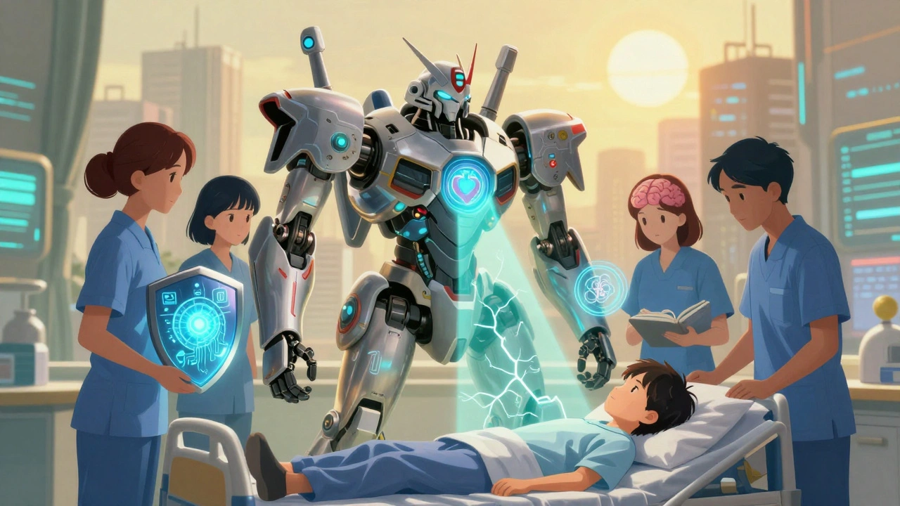 Five-part robotic care team emitting light beams to reconnect a young person’s fragmented mind.