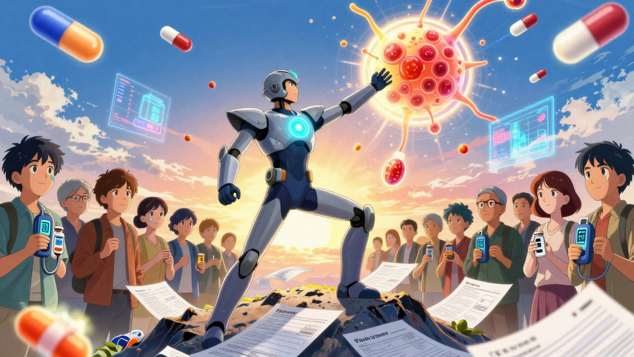 Heroic figure reaching toward a stem cell reactor that generates beta cells, surrounded by patients and floating medical data.