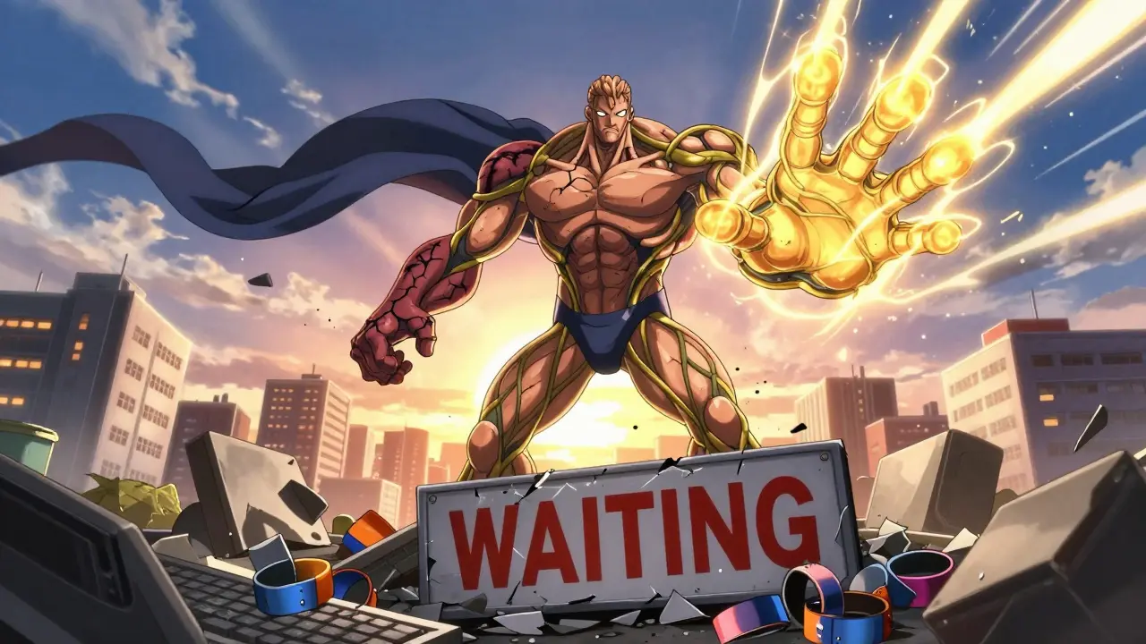 Heroic mecha hand with one atrophied thumb, standing on broken keyboards under a rising sun.