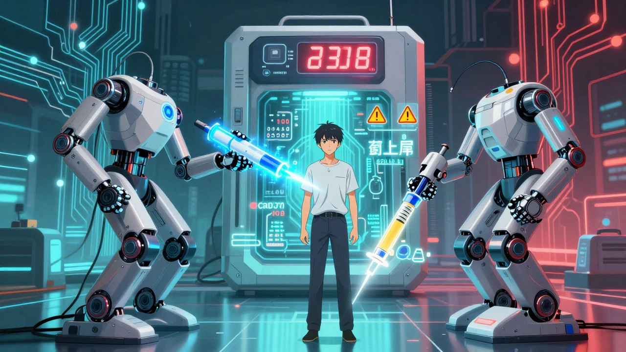 Robotic arms delivering insulin as energy beams, surrounded by carb equations and ketone warnings, futuristic medical tech in background.