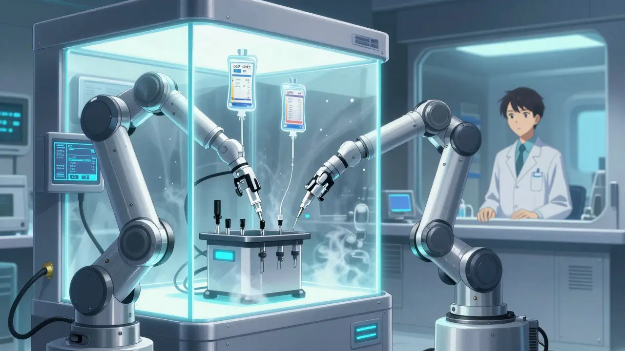 Robotic arms prepare sterile IV bags in a glowing chamber with real-time dosage readouts.
