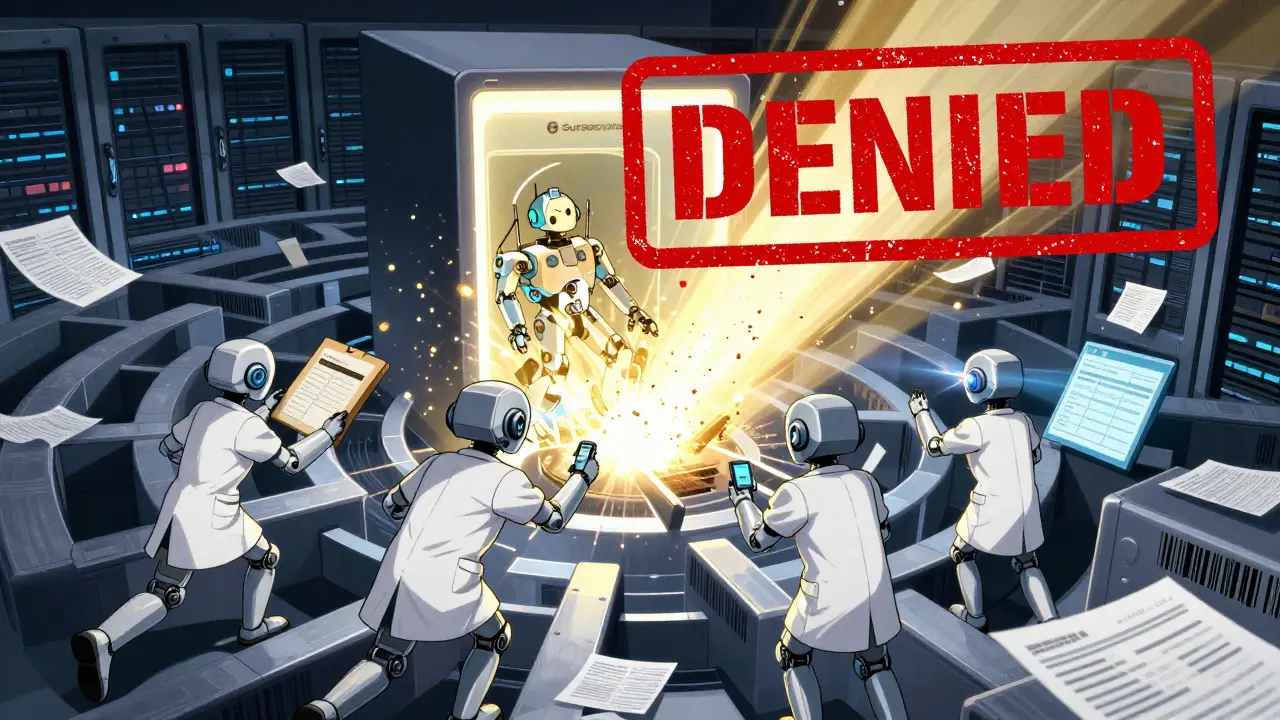 Robotic assistants navigate a maze of insurance forms, racing to approve a prescription before a denial stamp falls.