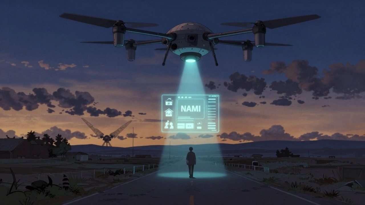 Rural figure illuminated by a digital satellite drone displaying a mental health helpline interface.