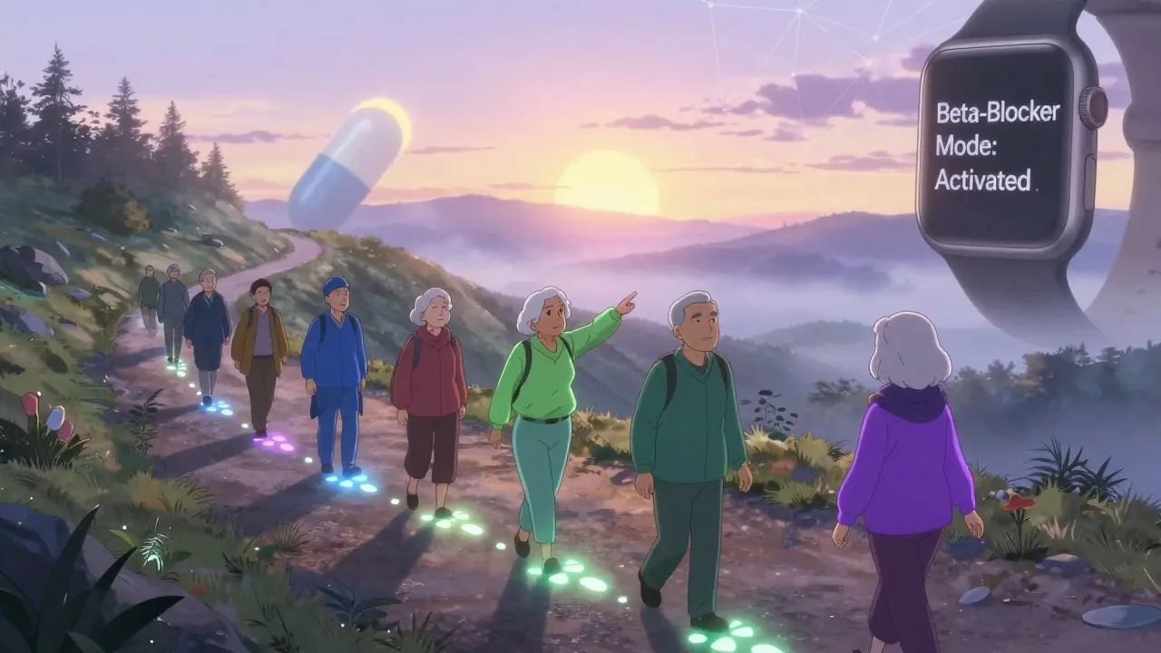 Seniors walk a hill trail at dawn, each with colored auras for their meds, footprints form heart symbols, Apple Watch hologram in sky.
