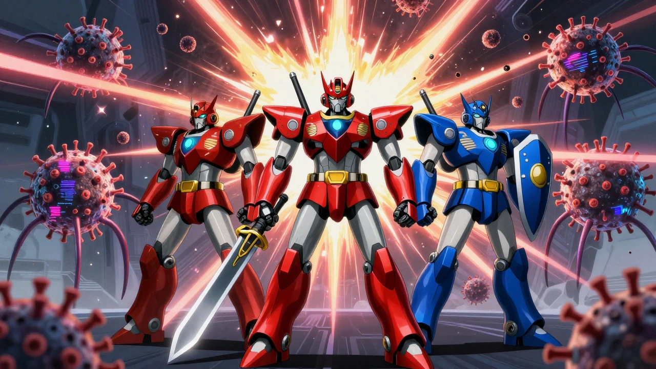 Three robotic antiretroviral warriors fight a horde of mutating HIV drones in a high-stakes mechanical battle.