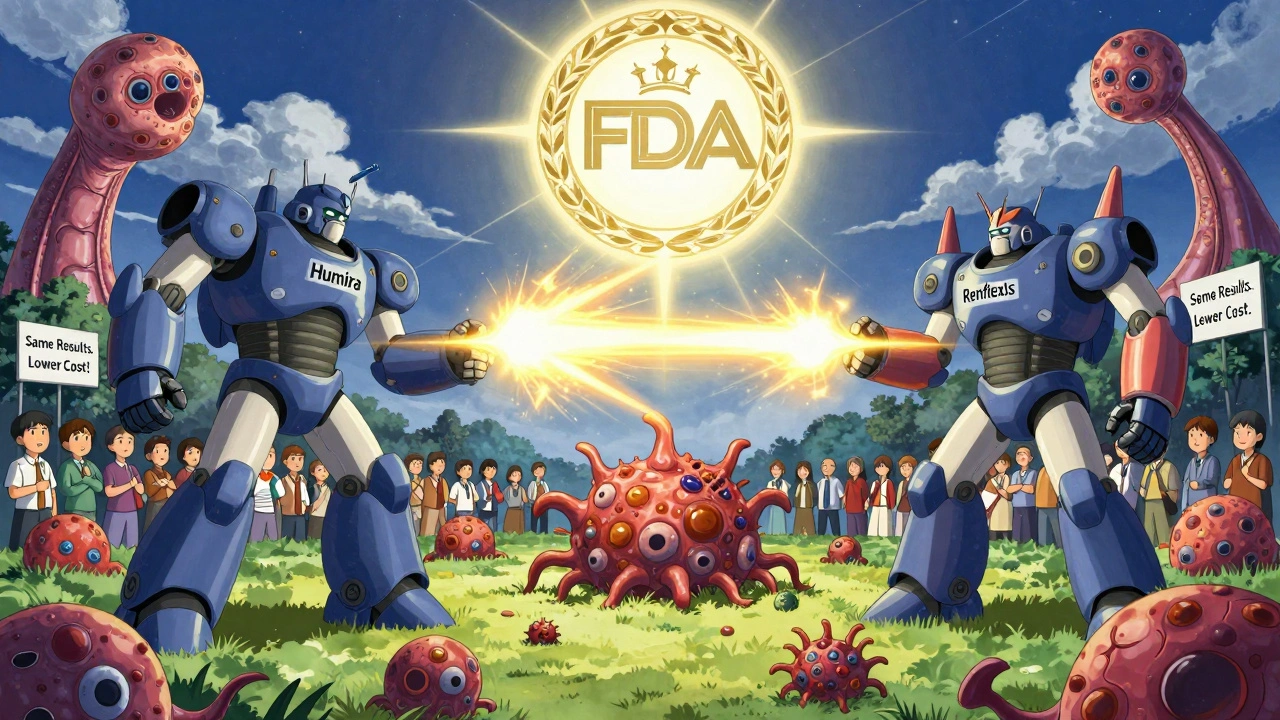 Two nearly identical robot heroes firing healing beams at disease monsters, watched by patients under an FDA emblem.