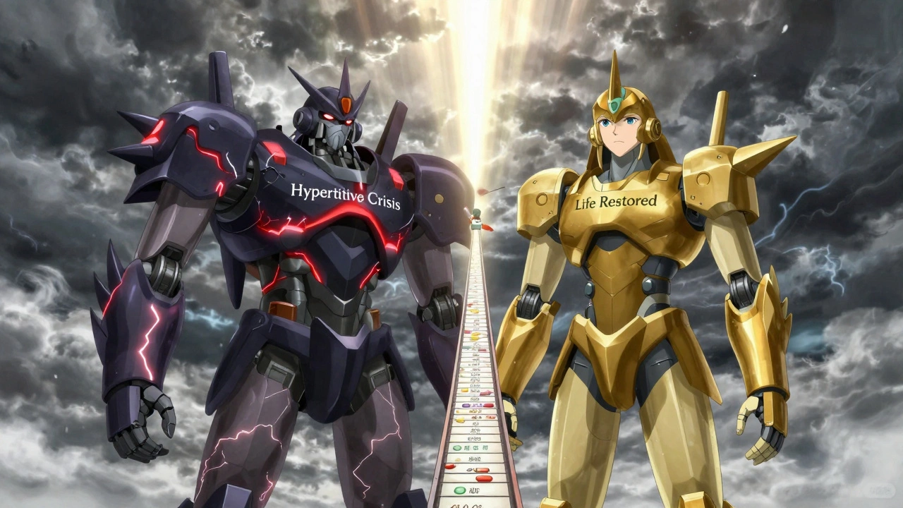 Two opposing robots symbolize the risk and reward of MAOIs, connected by a bridge of dietary rules.