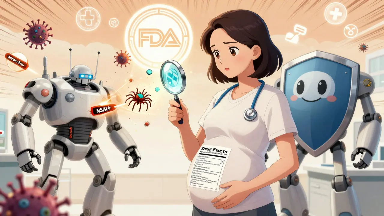 Woman examining drug label as NSAID spiders emerge, protected by acetaminophen mech deflecting fear missiles.
