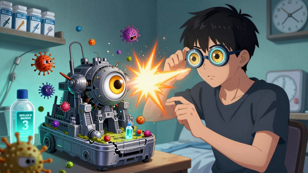 Young adult&#039;s lens case transforms into a fortress under attack by microbial monsters