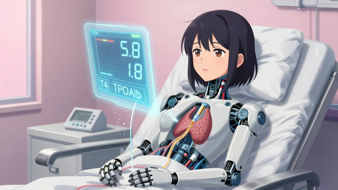 A calm female robot with an open chest revealing a levothyroxine-infused thyroid implant, TSH dropping on a hologram.