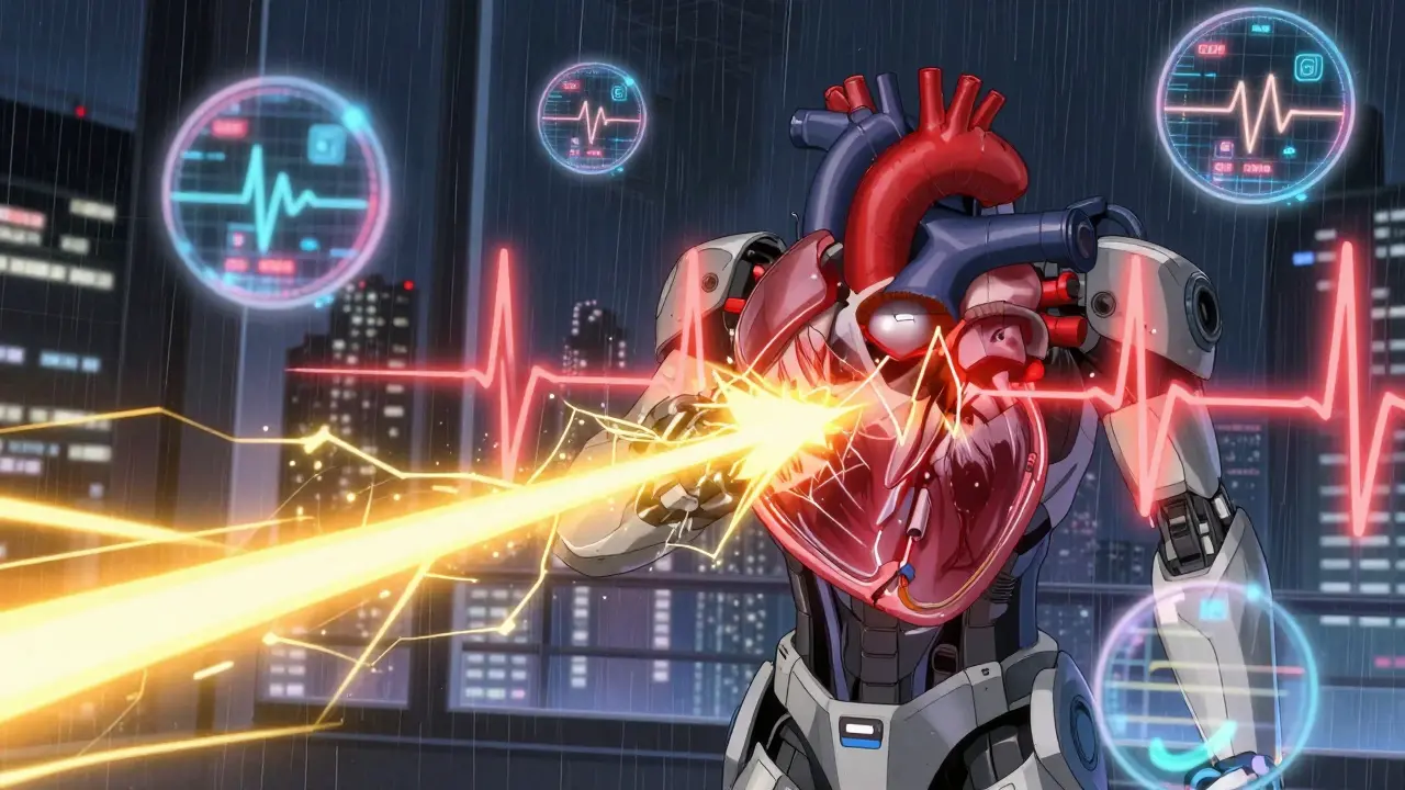 A cybernetic ICD device fires golden energy to stop a red-black arrhythmia wave in a glowing heart.