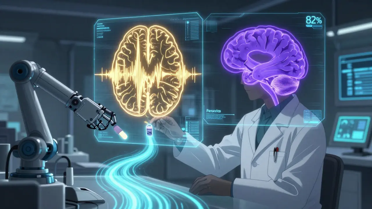 A doctor viewing a holographic brain map comparing drug-induced and Parkinson’s tremor patterns in a high-tech lab.