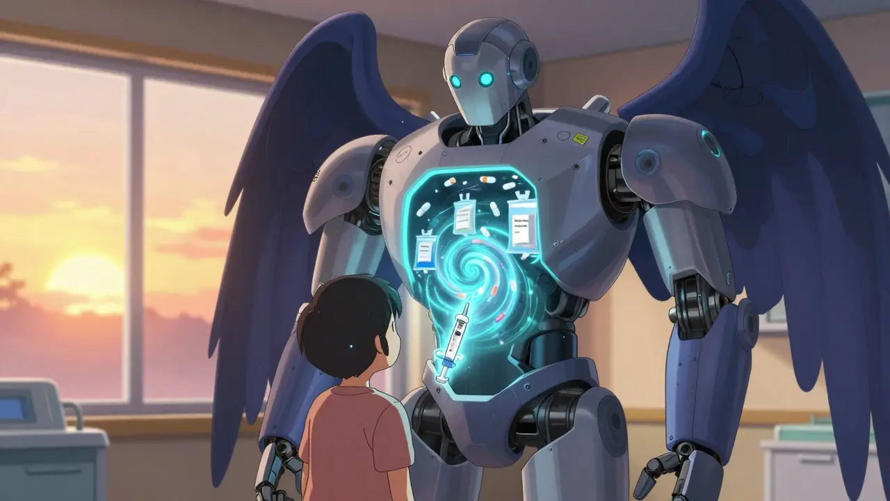 A family and patient watch as a robot safely disposes of unused meds into a glowing portal, with Narcan hovering protectively.