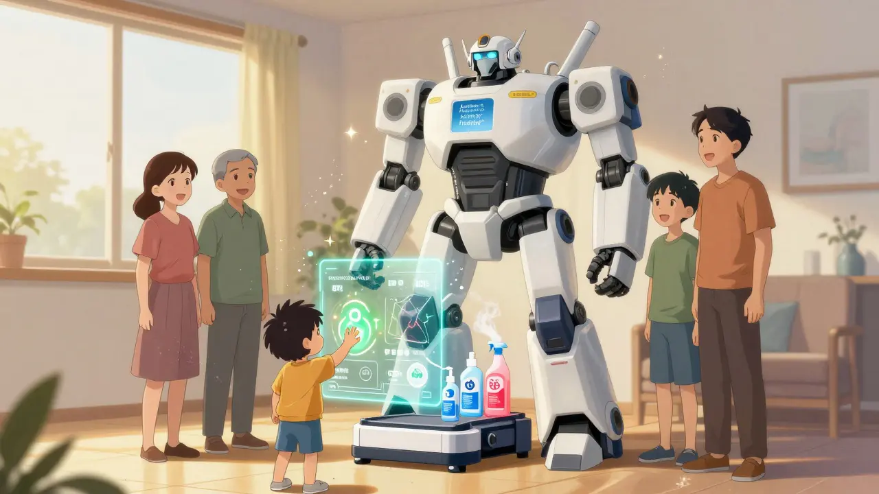 A family beside a transforming cleaning station, hologram showing allergen removal rates, certified products visible.
