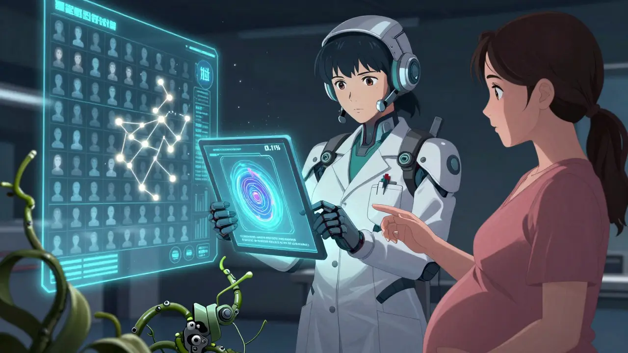 A female doctor projects lithium risk data as a hologram, with mothers' silhouettes contributing light to a registry constellation.