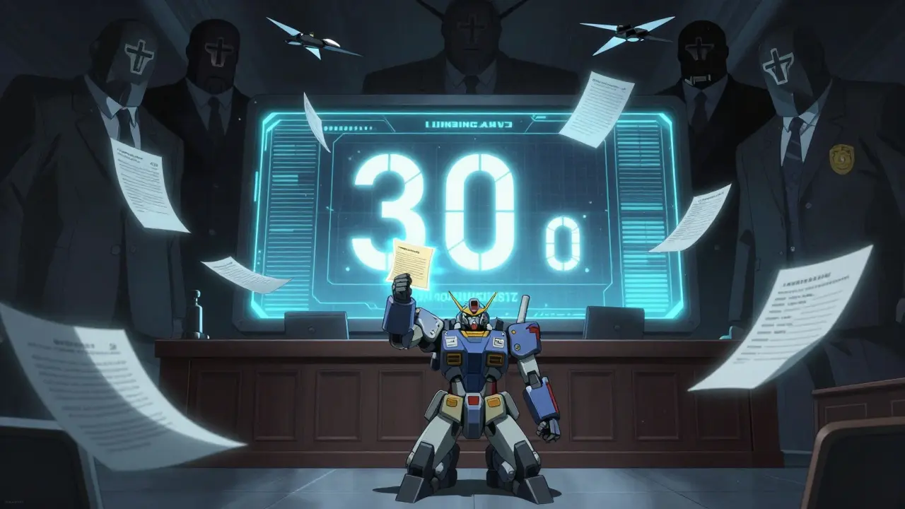 A generic drug robot faces a courtroom timer with legal documents swirling around it.