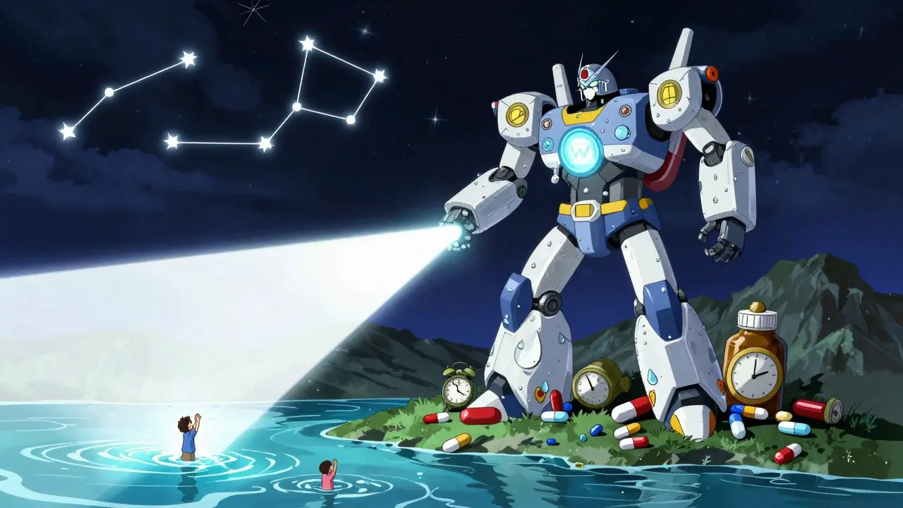 A giant robot made of pills and water droplets cleans a polluted river with a white light beam.