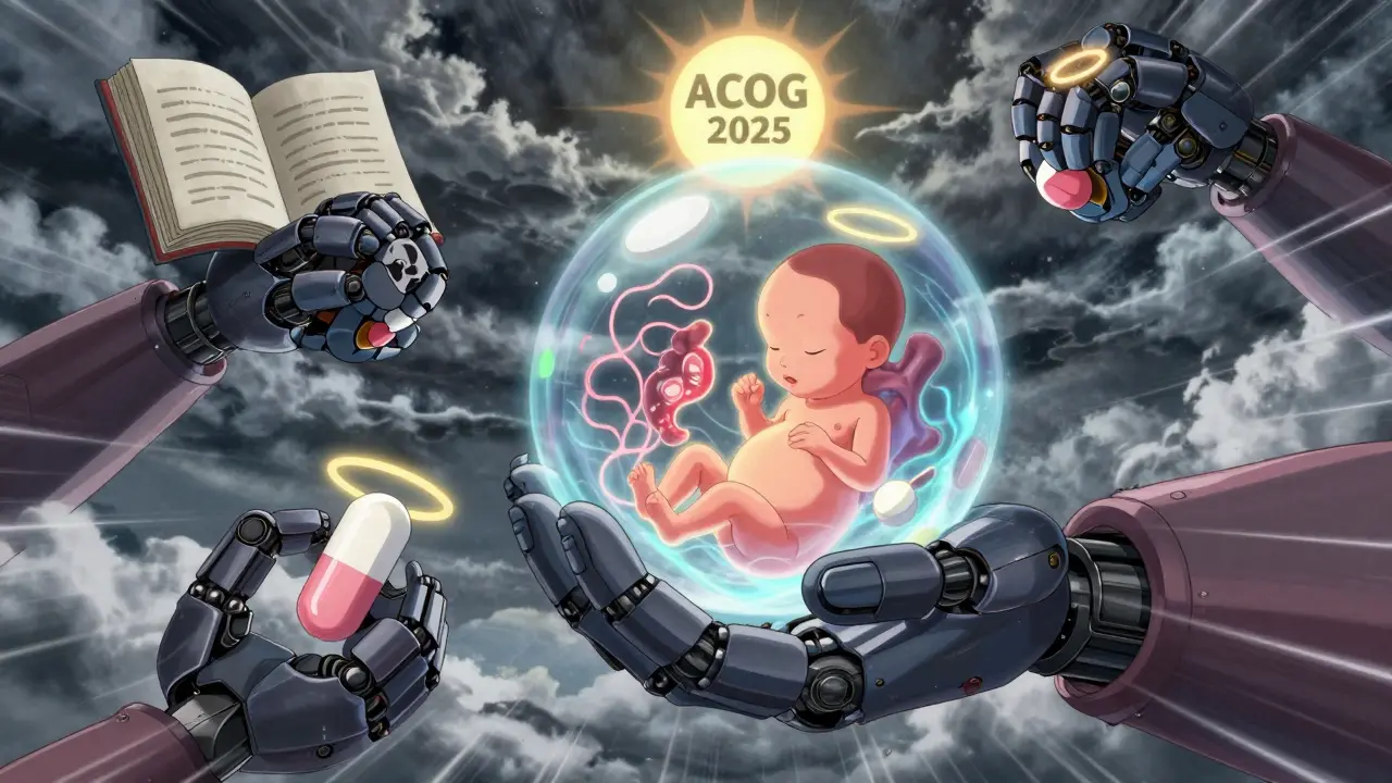 A giant robotic hand cradling a glowing fetus while crushing dangerous pills and offering a safe one with a golden halo.
