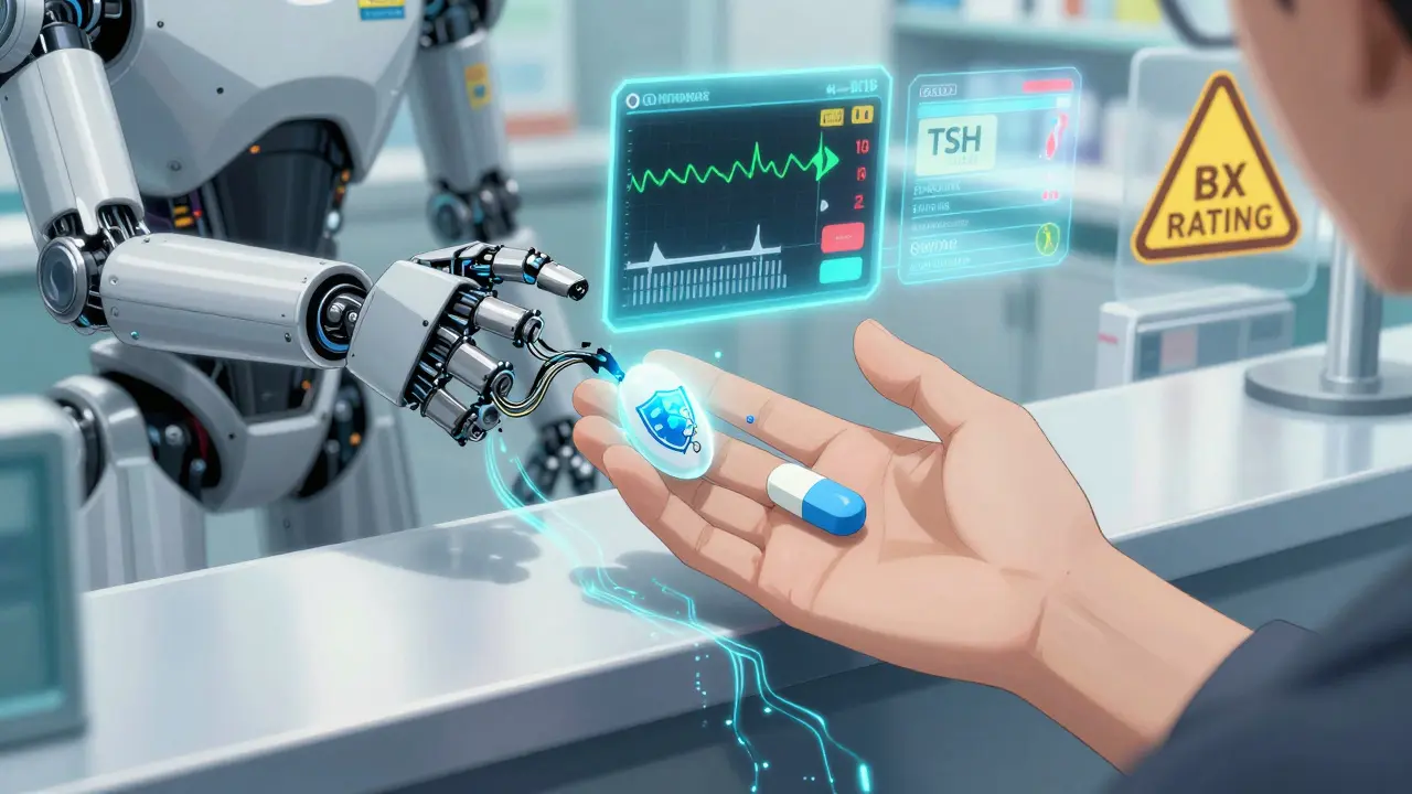 A hand reaches for two pills—one safe and glowing, the other leaking hazardous particles—with holographic health warnings floating above.