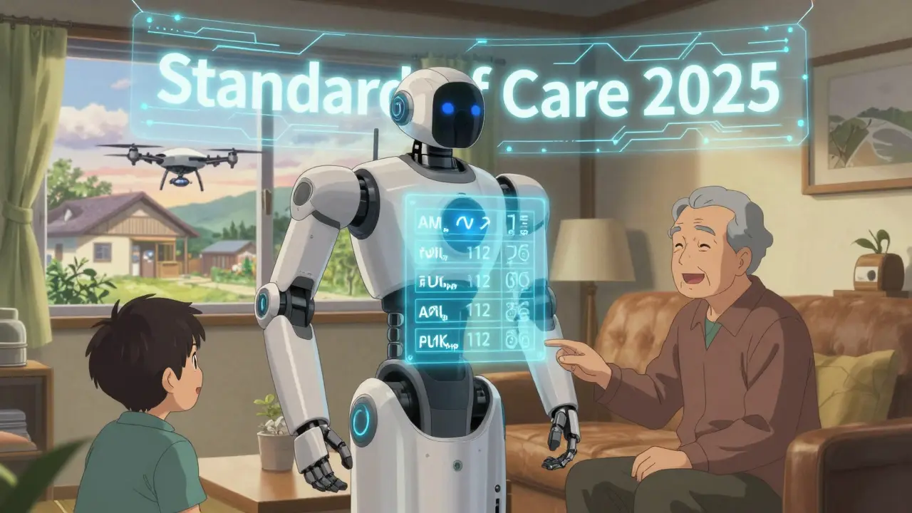 A home health robot projects a pill schedule as an elderly man takes his medication with family nearby.