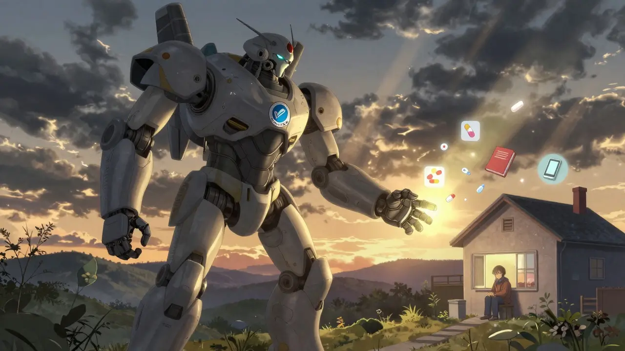 A massive mental health mech extends a glowing hand toward a lonely figure in a rural home at dusk.