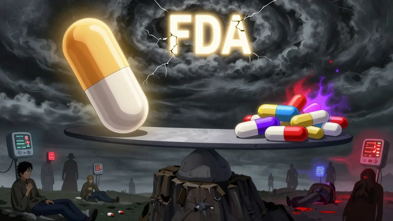 A massive scale balances brand and generic pills, with patients collapsing below as energy pulses go wild.