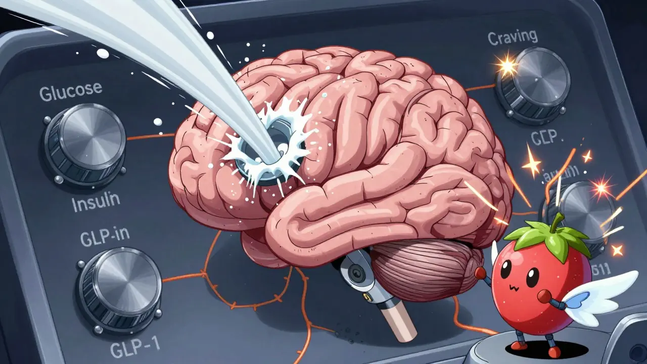 A mechanical brain with labeled dials is overwhelmed by artificial sweetener particles, while a small fruit robot tries to restore balance.