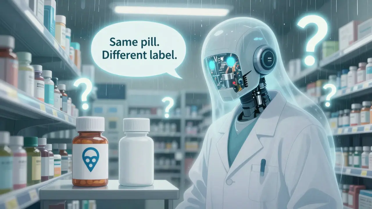 A patient in a pharmacy staring at two identical pill bottles while a ghostly robot whispers the truth.