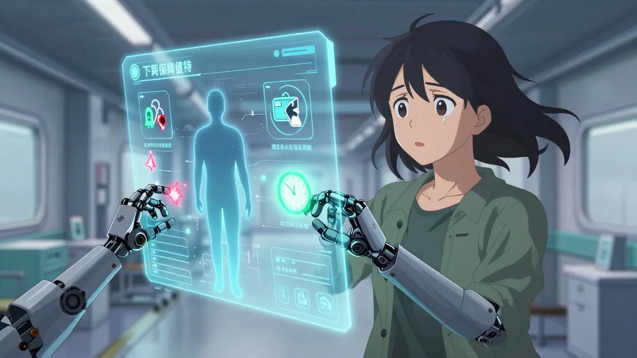 A patient watches personal risk icons float around them as medication choices appear.