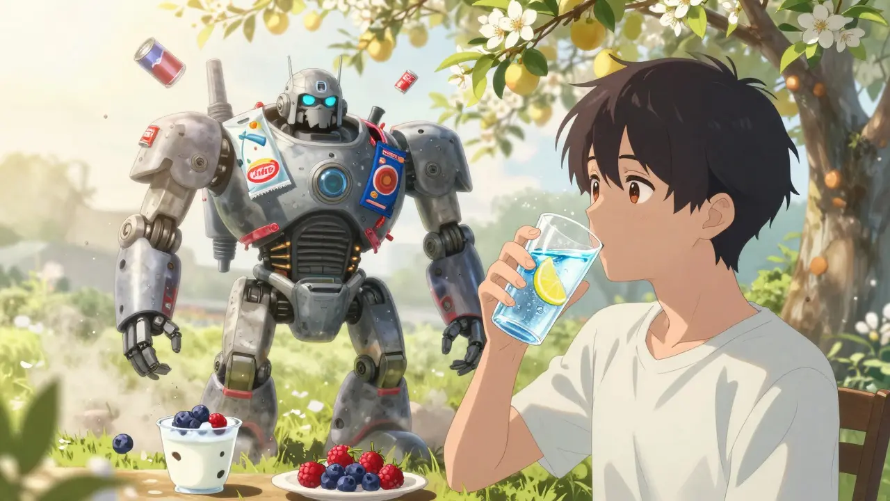 A person drinks lemon water beside a fruit tree as a robot made of diet drinks crumbles into dust, symbolizing recovery from sweetener cravings.