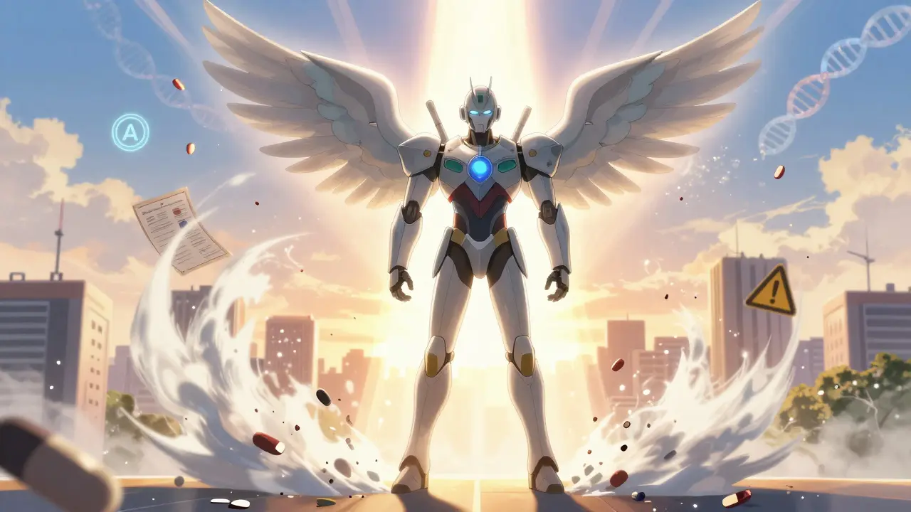 A person standing steadily as old medications dissolve behind them, with propranolol wings and AI symbols glowing in the sunrise.