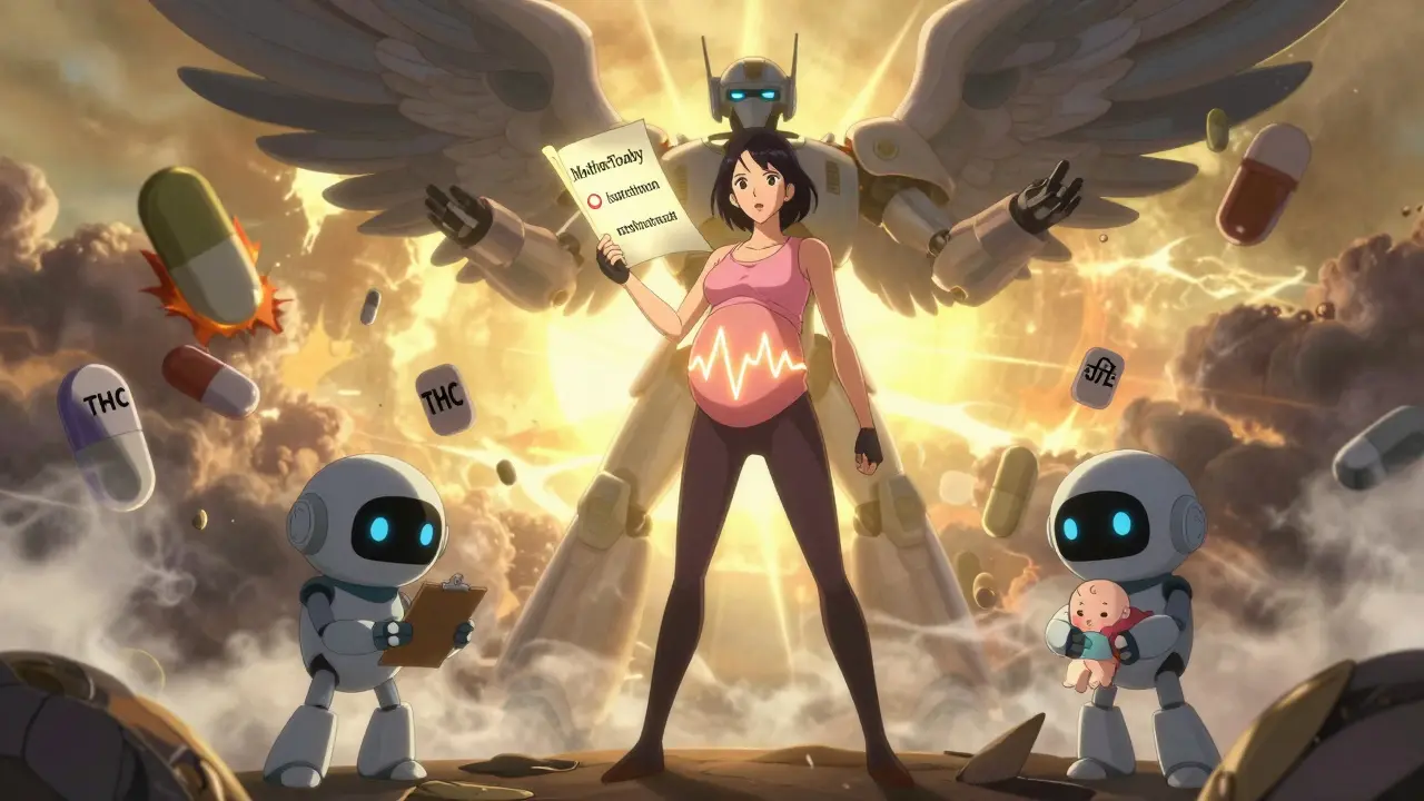 A pregnant woman on a battlefield of medicine icons, protected by a robot reading 'MotherToBaby' as harmful drugs explode.